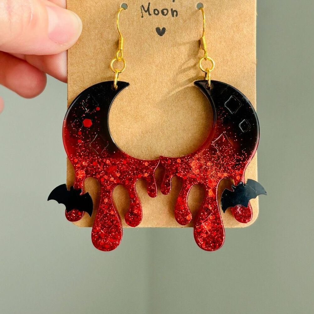 Blood Drip Moon Earrings Dark Romantic Gothic Jewelry, Blood Red Halloween